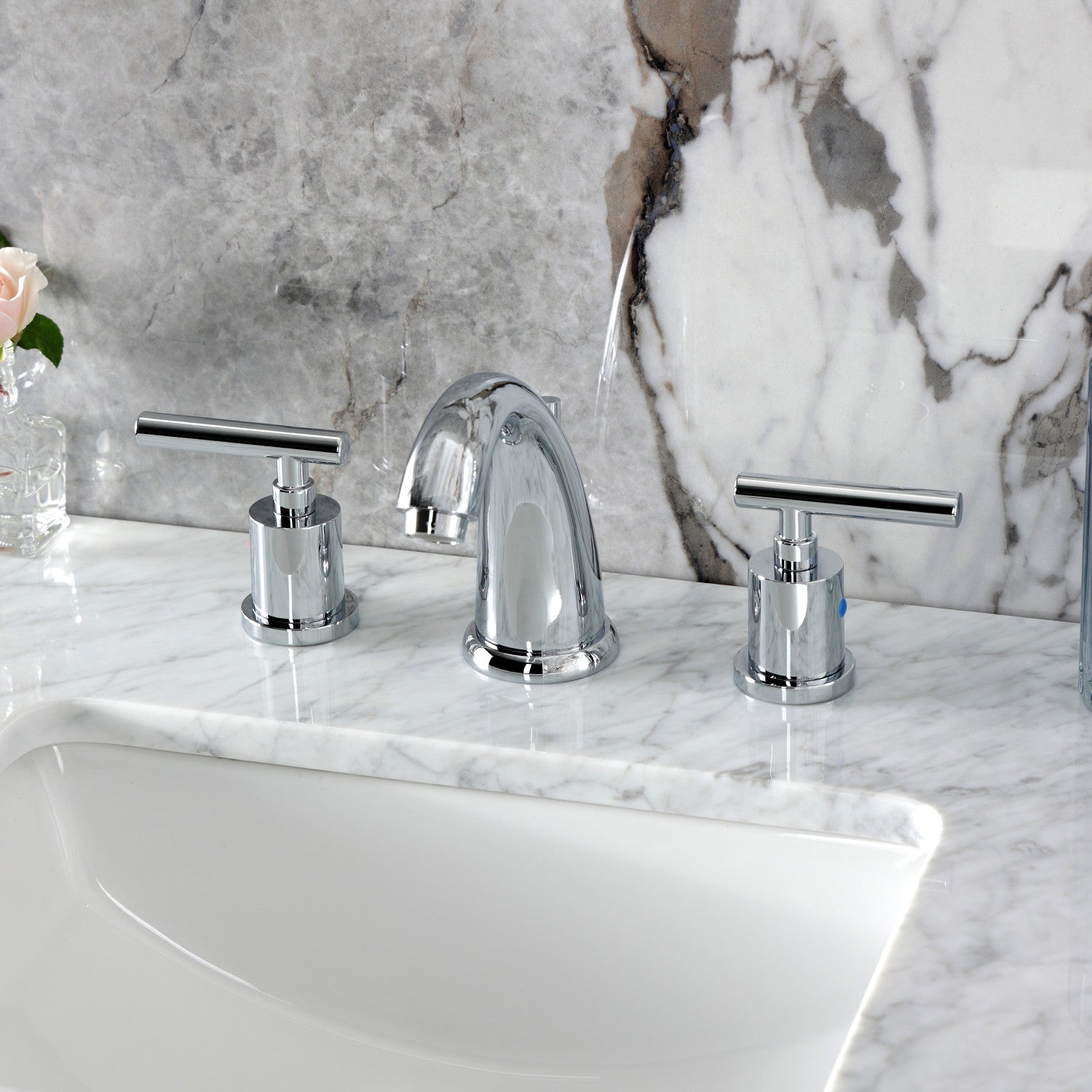 Kingston Tulare KB8981CML - Manhattan Two-Handle 3-Hole Deck Mount Widespread Bathroom Faucet with Pop-Up Drain, Polished Chrome — thumbnail 2