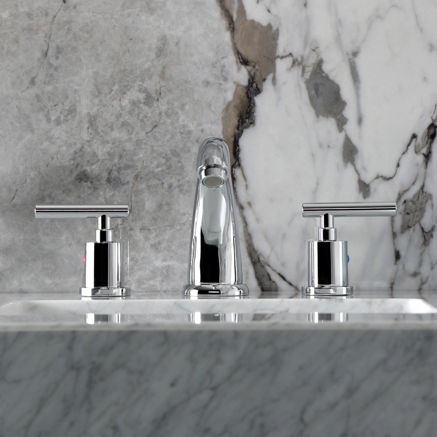 Kingston Tulare KB8981CML - Manhattan Two-Handle 3-Hole Deck Mount Widespread Bathroom Faucet with Pop-Up Drain, Polished Chrome — thumbnail 3