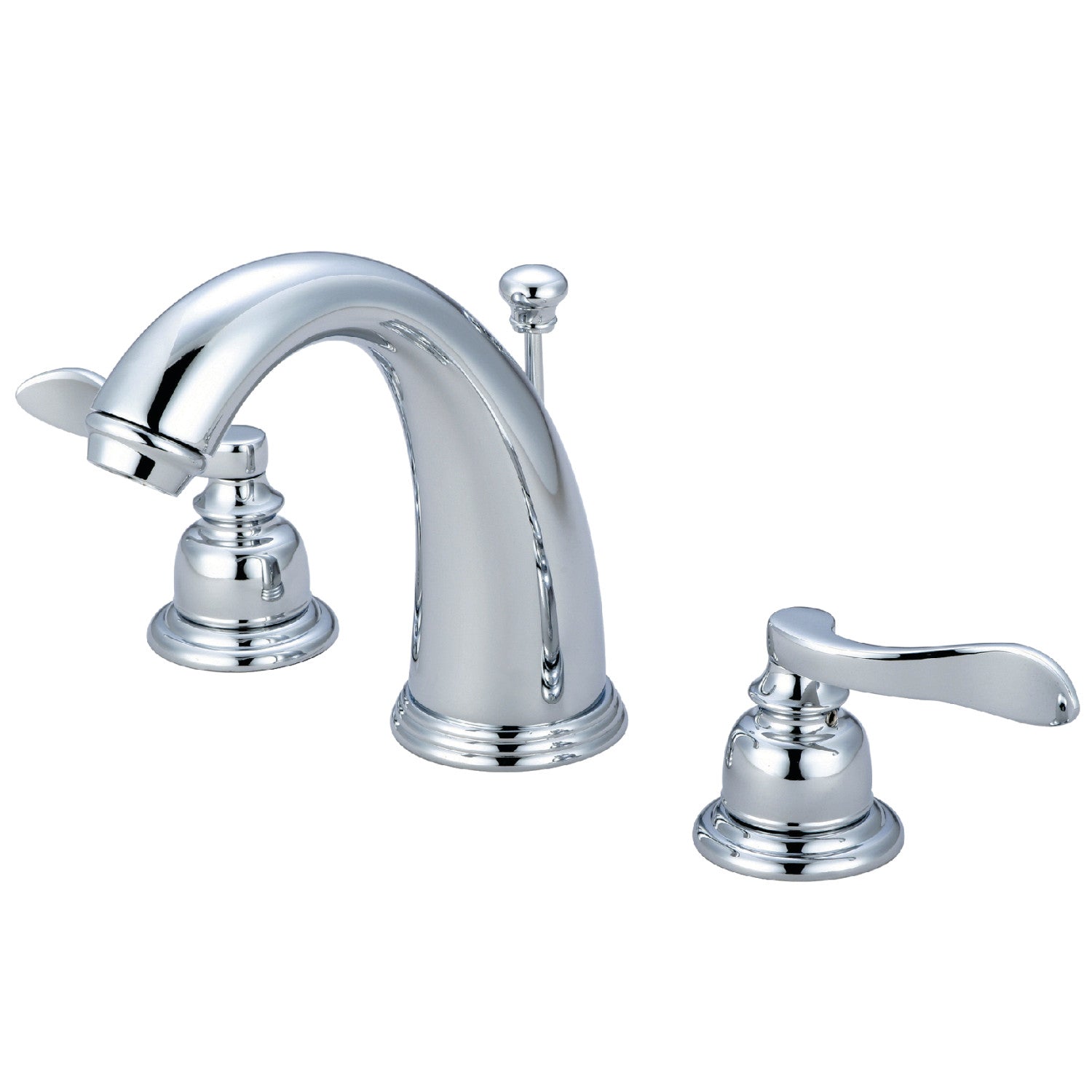 Kingston Tulare KB8981NFL - NuWave French Two-Handle 3-Hole Deck Mount Widespread Bathroom Faucet with Pop-Up Drain, Polished Chrome