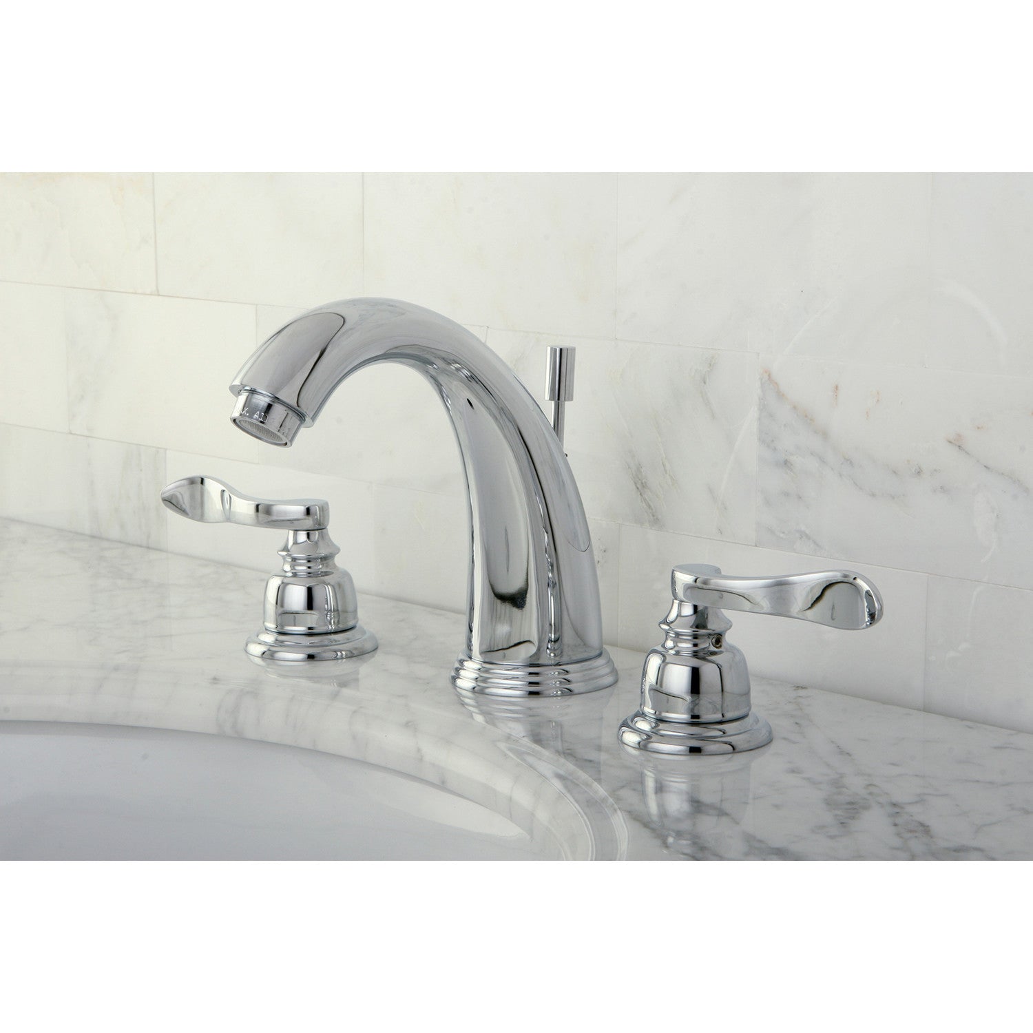Kingston Tulare KB8981NFL - NuWave French Two-Handle 3-Hole Deck Mount Widespread Bathroom Faucet with Pop-Up Drain, Polished Chrome — thumbnail 2