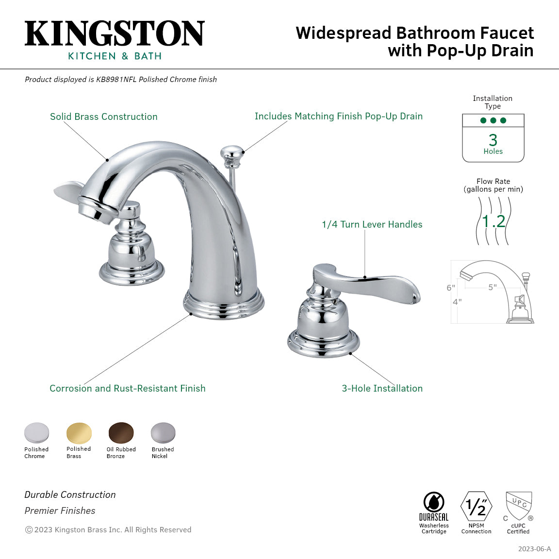 Kingston Tulare KB8981NFL - NuWave French Two-Handle 3-Hole Deck Mount Widespread Bathroom Faucet with Pop-Up Drain, Polished Chrome — thumbnail 3