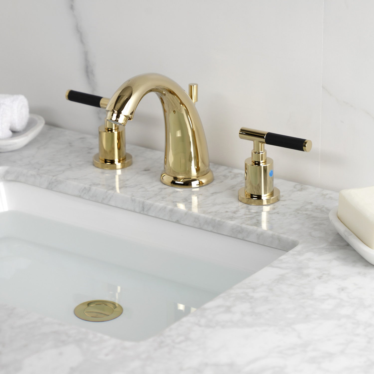 Kingston Tulare KB8982CKL - Kaiser Two-Handle 3-Hole Deck Mount Widespread Bathroom Faucet with Pop-Up Drain, Polished Brass — thumbnail 2