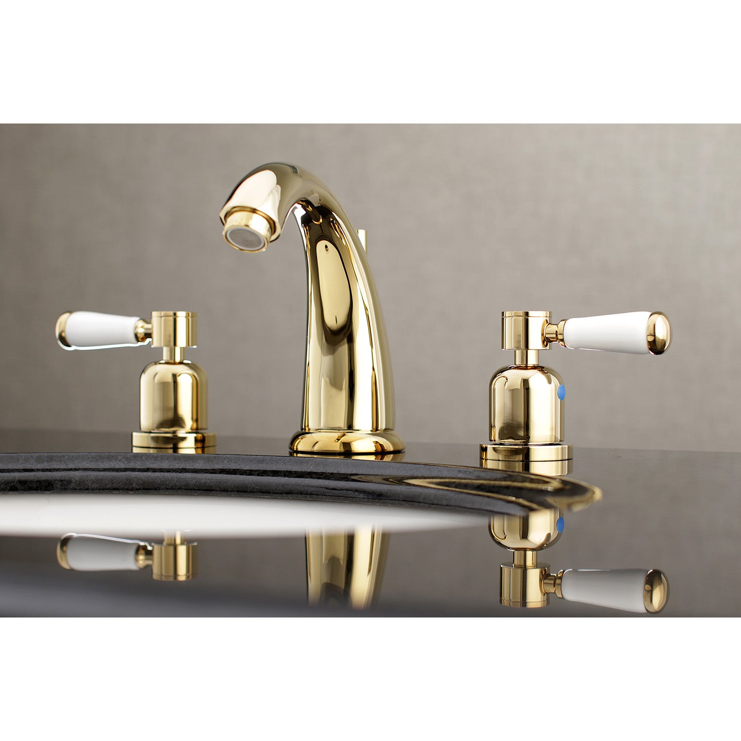 Kingston Heirloom KB8982DPL - Paris Two-Handle 3-Hole Deck Mount Widespread Bathroom Faucet with Pop-Up Drain, Polished Brass — thumbnail 2