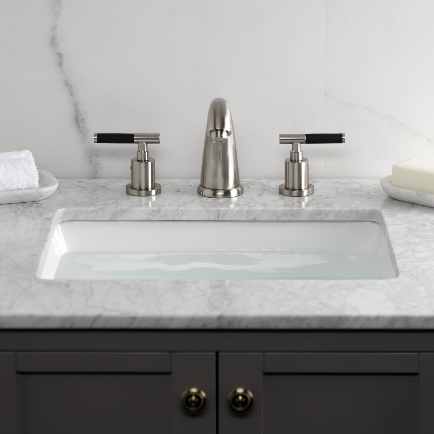 Kingston Tulare KB8988CKL - Kaiser Two-Handle 3-Hole Deck Mount Widespread Bathroom Faucet with Pop-Up Drain, Brushed Nickel — thumbnail 3