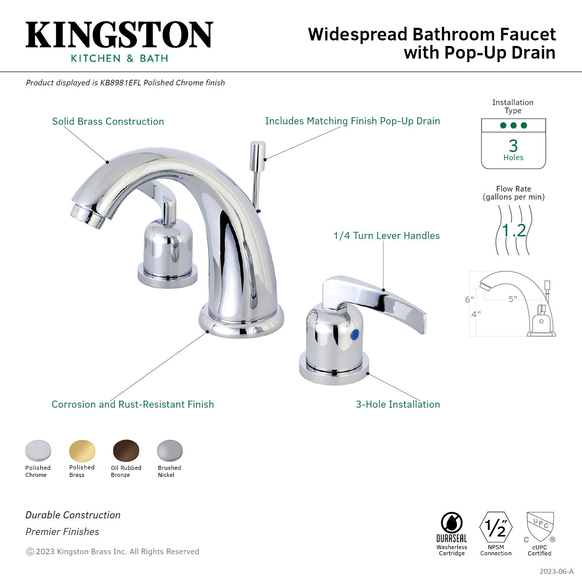 Kingston Tulare KB8988EFL - Centurion Two-Handle 3-Hole Deck Mount Widespread Bathroom Faucet with Pop-Up Drain, Brushed Nickel — thumbnail 3