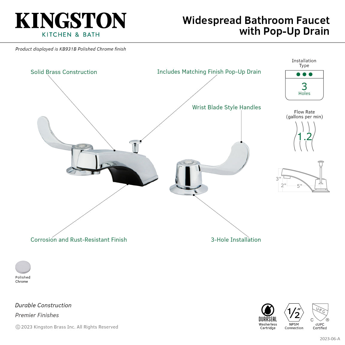 Kingston Vista KB931B Two-Handle 3-Hole Deck Mount Widespread Bathroom Faucet with Pop-Up Drain, Polished Chrome — thumbnail 3