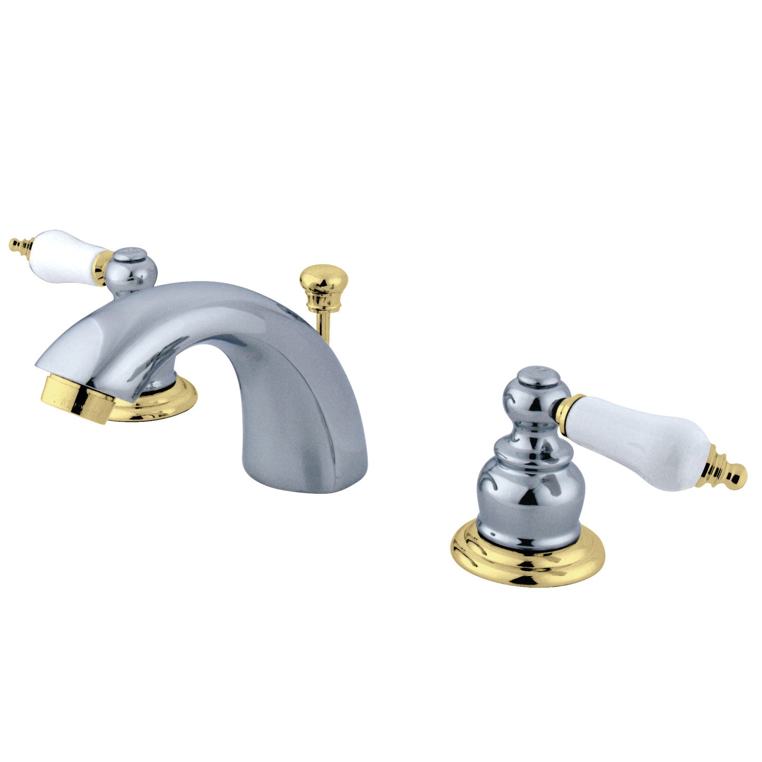 Kingston Heirloom KB944B - Victorian Two-Handle 3-Hole Deck Mount Mini-Widespread Bathroom Faucet with Pop-Up Drain, Polished Chrome/Polished Brass