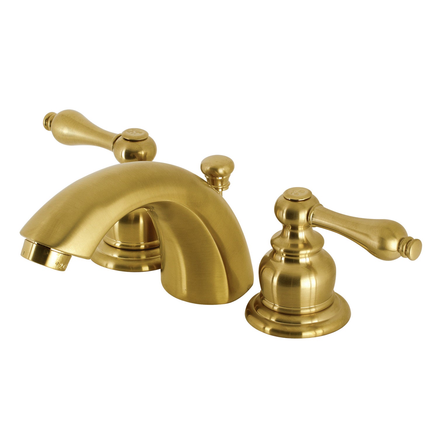 Kingston Heirloom KB947ALSB - Victorian Two-Handle 3-Hole Deck Mount Mini-Widespread Bathroom Faucet with Pop-Up Drain, Brushed Brass