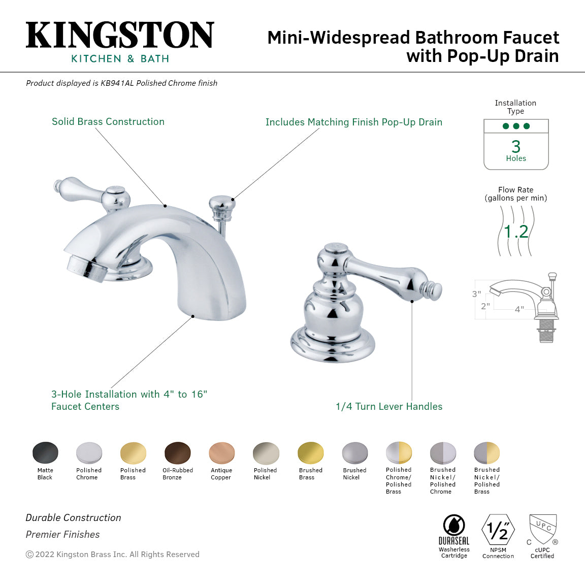 Kingston Heirloom KB947ALSB - Victorian Two-Handle 3-Hole Deck Mount Mini-Widespread Bathroom Faucet with Pop-Up Drain, Brushed Brass — thumbnail 2