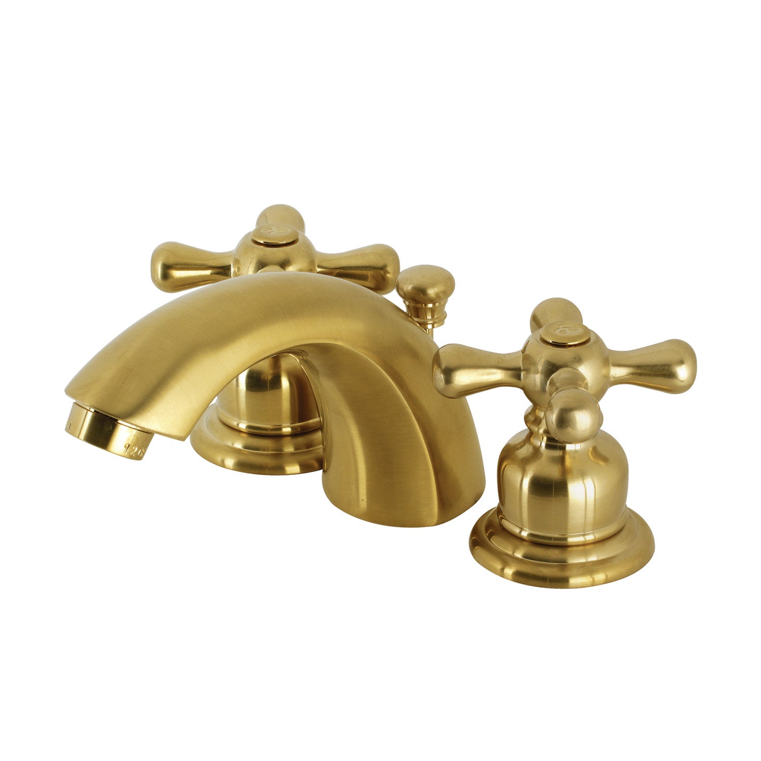 Kingston Heirloom KB947AXSB - Victorian Two-Handle 3-Hole Deck Mount Mini-Widespread Bathroom Faucet with Pop-Up Drain, Brushed Brass