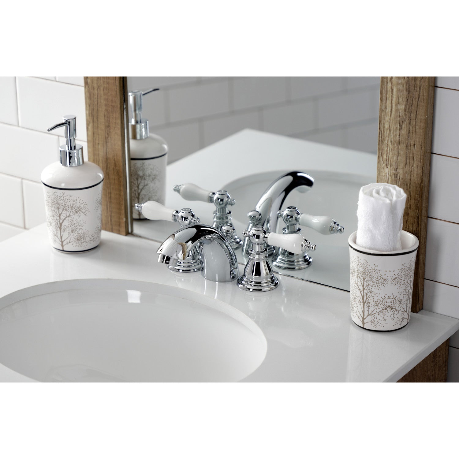 Kingston Tulare KB951APL - American Patriot Two-Handle 3-Hole Deck Mount Mini-Widespread Bathroom Faucet with Pop-Up Drain, Polished Chrome — thumbnail 2