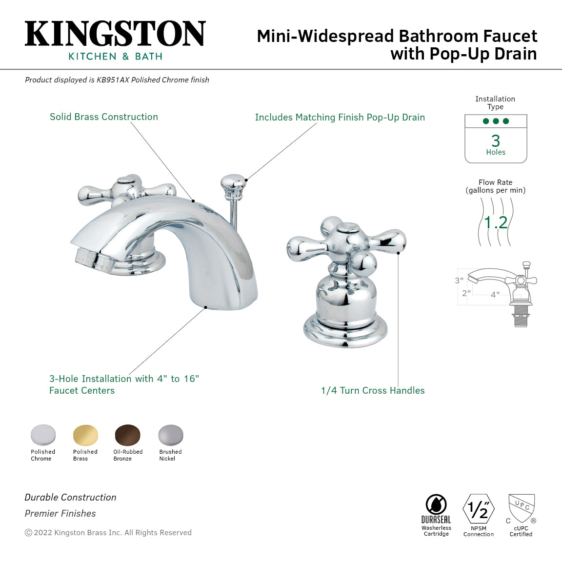 Kingston Heirloom KB951AX - Victorian Two-Handle 3-Hole Deck Mount Mini-Widespread Bathroom Faucet with Pop-Up Drain, Polished Chrome — thumbnail 2