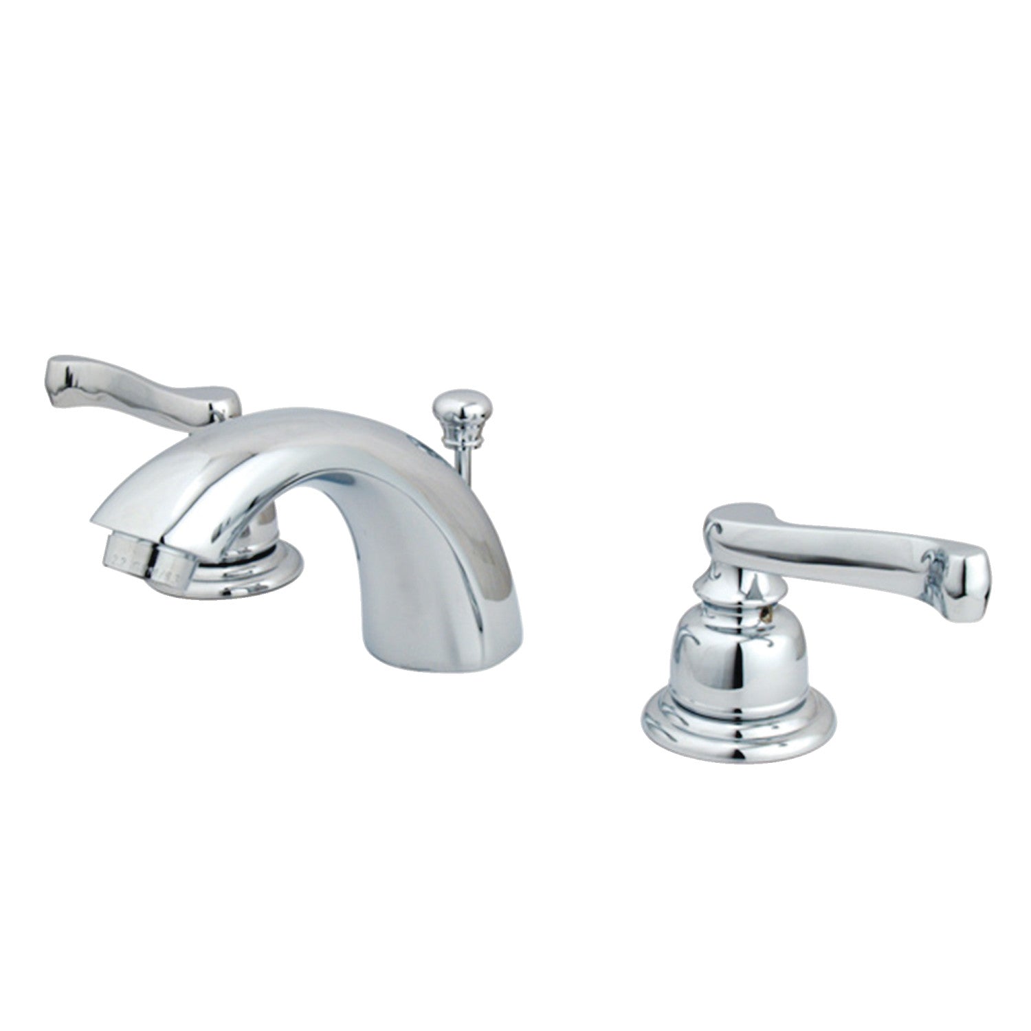 Kingston Tulare KB951FL - Royale Two-Handle 3-Hole Deck Mount Mini-Widespread Bathroom Faucet with Pop-Up Drain, Polished Chrome