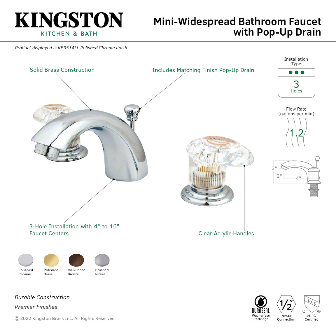 Kingston Tulare KB952ALL - Magellan Two-Handle 3-Hole Deck Mount Mini-Widespread Bathroom Faucet with Pop-Up Drain, Polished Brass — thumbnail 2