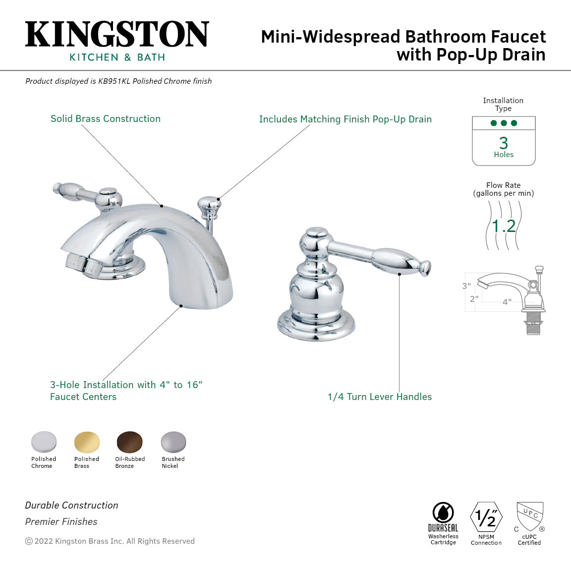 Kingston Tulare KB955KL - Knight Two-Handle 3-Hole Deck Mount Mini-Widespread Bathroom Faucet with Pop-Up Drain, Oil Rubbed Bronze — thumbnail 2