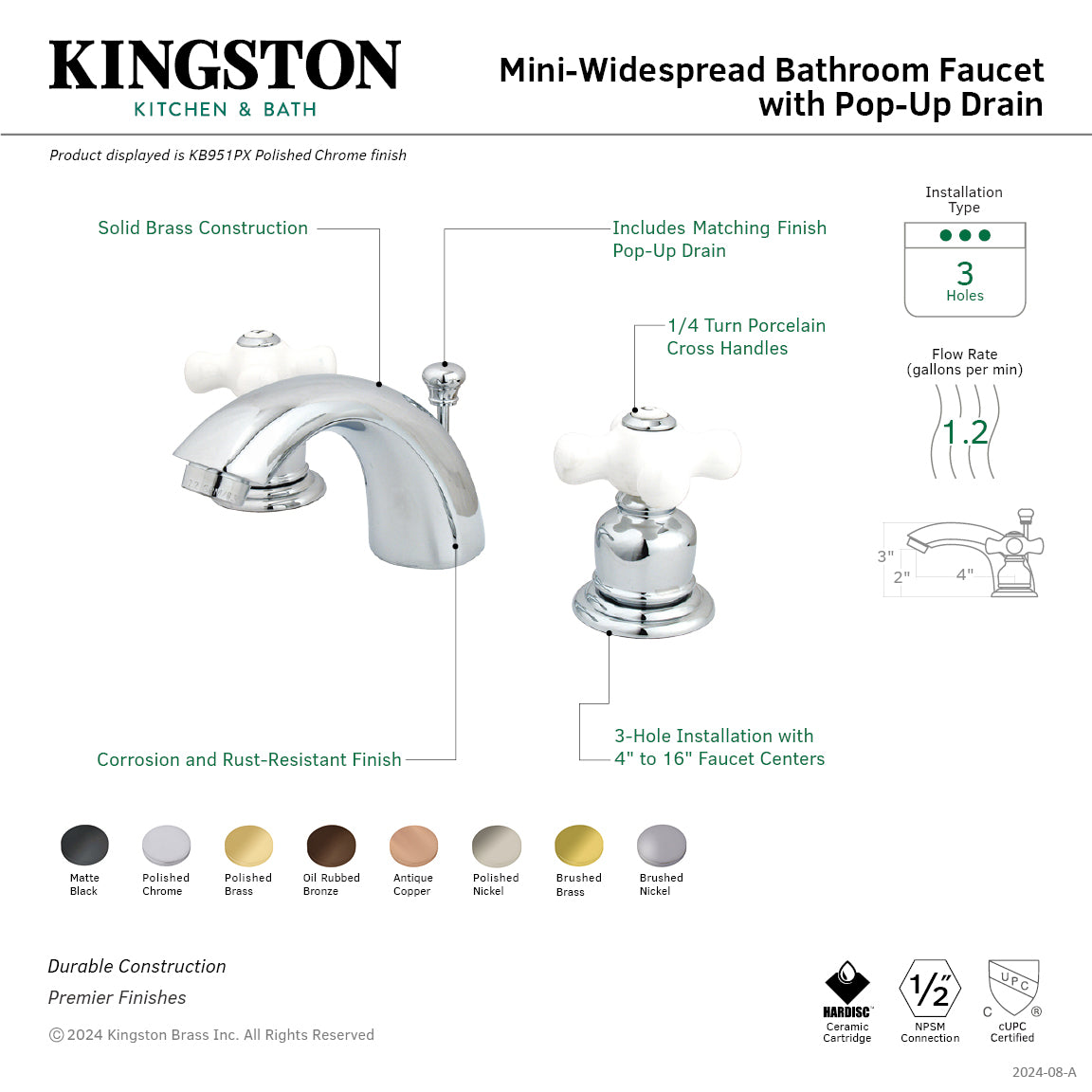 Kingston Heirloom KB955PX - Victorian Two-Handle 3-Hole Deck Mount Mini-Widespread Bathroom Faucet with Pop-Up Drain, Oil Rubbed Bronze — thumbnail 2