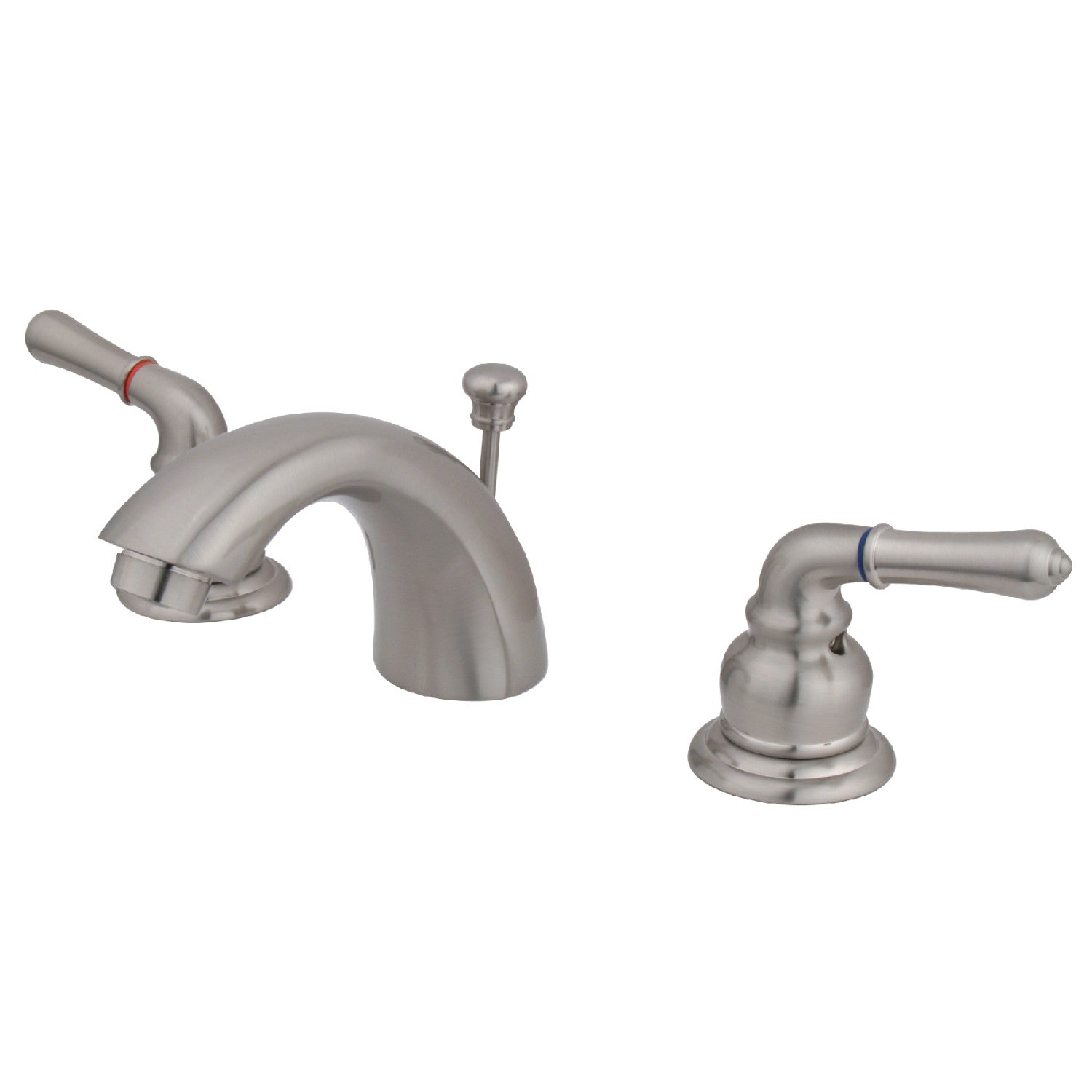 Kingston Tulare KB958 - Magellan Two-Handle 3-Hole Deck Mount Mini-Widespread Bathroom Faucet with Pop-Up Drain, Brushed Nickel