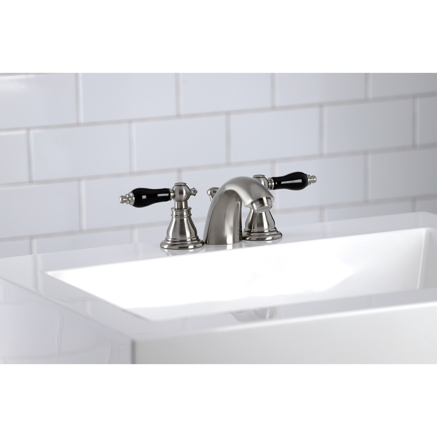 Kingston Heirloom KB958AKL - Duchess Two-Handle 3-Hole Deck Mount Mini-Widespread Bathroom Faucet with Pop-Up Drain, Brushed Nickel — thumbnail 2