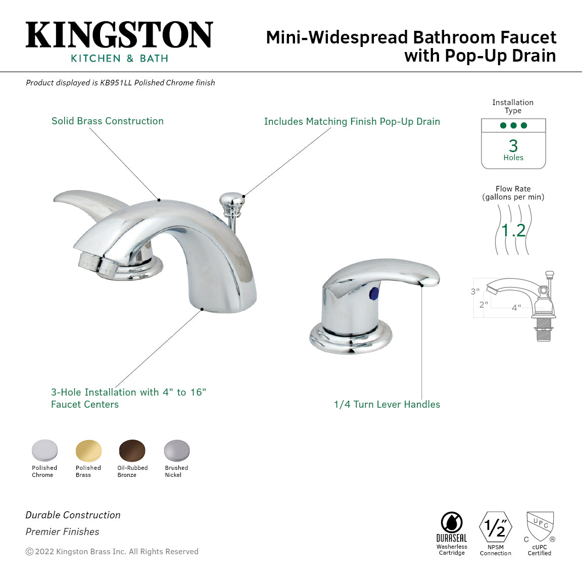 Kingston Tulare KB958LL - Legacy Two-Handle 3-Hole Deck Mount Mini-Widespread Bathroom Faucet with Pop-Up Drain, Brushed Nickel — thumbnail 2