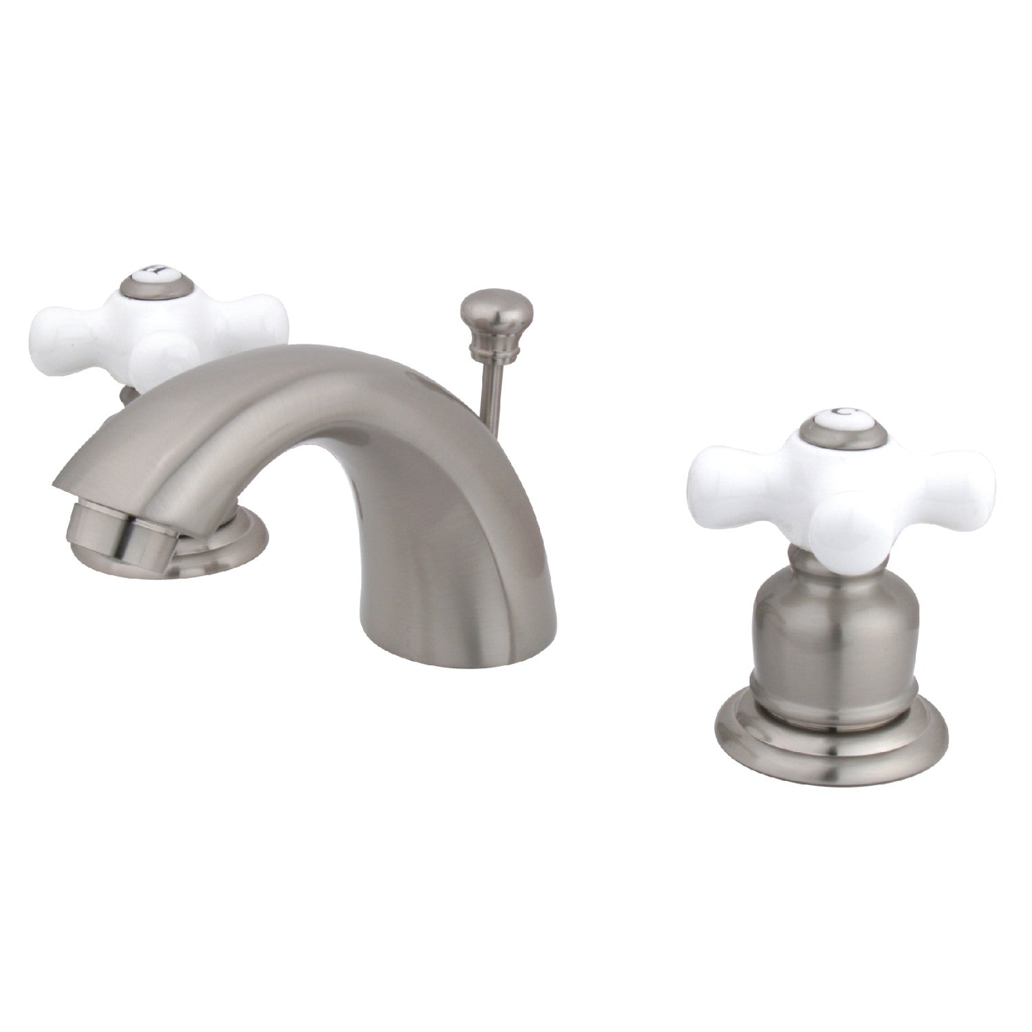 Kingston Heirloom KB958PX - Victorian Two-Handle 3-Hole Deck Mount Mini-Widespread Bathroom Faucet with Pop-Up Drain, Brushed Nickel