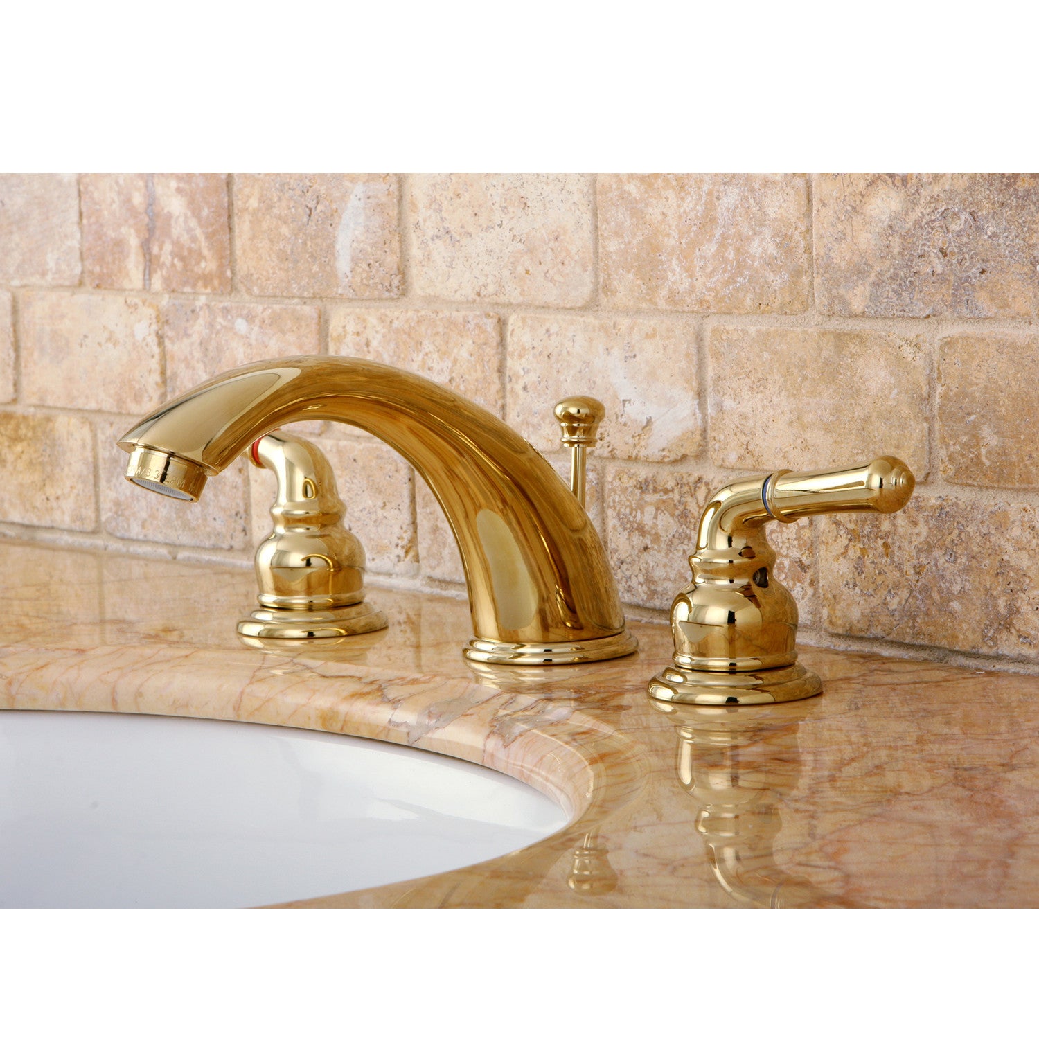 Kingston Tulare KB962 - Magellan Two-Handle 3-Hole Deck Mount Widespread Bathroom Faucet with Pop-Up Drain, Polished Brass — thumbnail 2