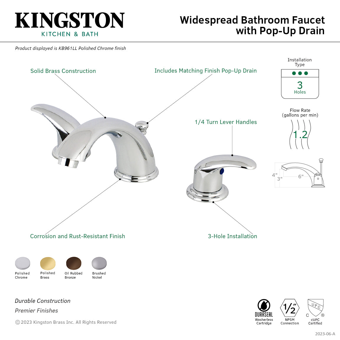 Kingston Tulare KB962LL - Legacy Two-Handle 3-Hole Deck Mount Widespread Bathroom Faucet with Pop-Up Drain, Polished Brass — thumbnail 2