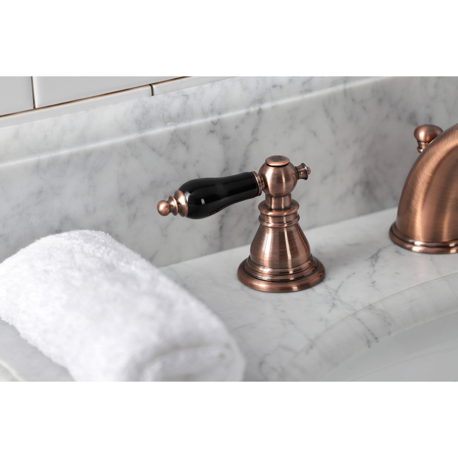 Kingston Heirloom KB966AKL - Duchess Two-Handle 3-Hole Deck Mount Widespread Bathroom Faucet with Pop-Up Drain, Antique Copper — thumbnail 2