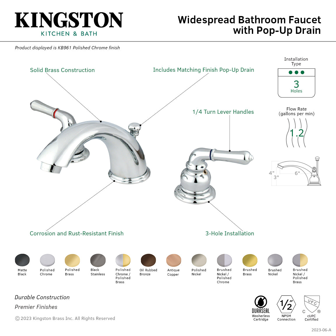 Kingston Tulare KB966PN - Magellan Two-Handle 3-Hole Deck Mount Widespread Bathroom Faucet with Pop-Up Drain, Polished Nickel — thumbnail 2