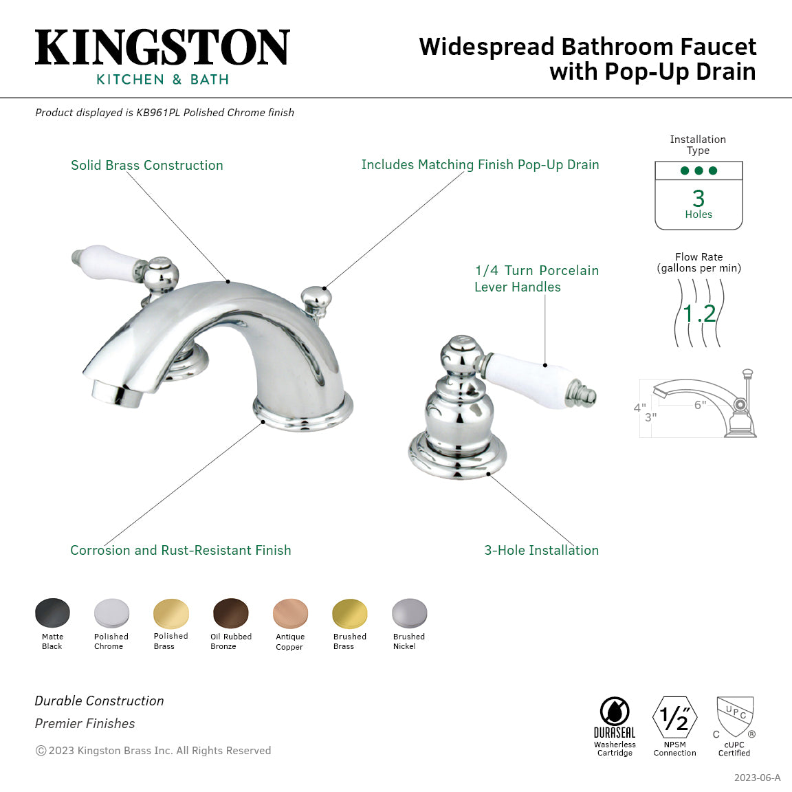 Kingston Heirloom KB967PLSB - Magellan Two-Handle 3-Hole Deck Mount Widespread Bathroom Faucet with Pop-Up Drain, Brushed Brass — thumbnail 2