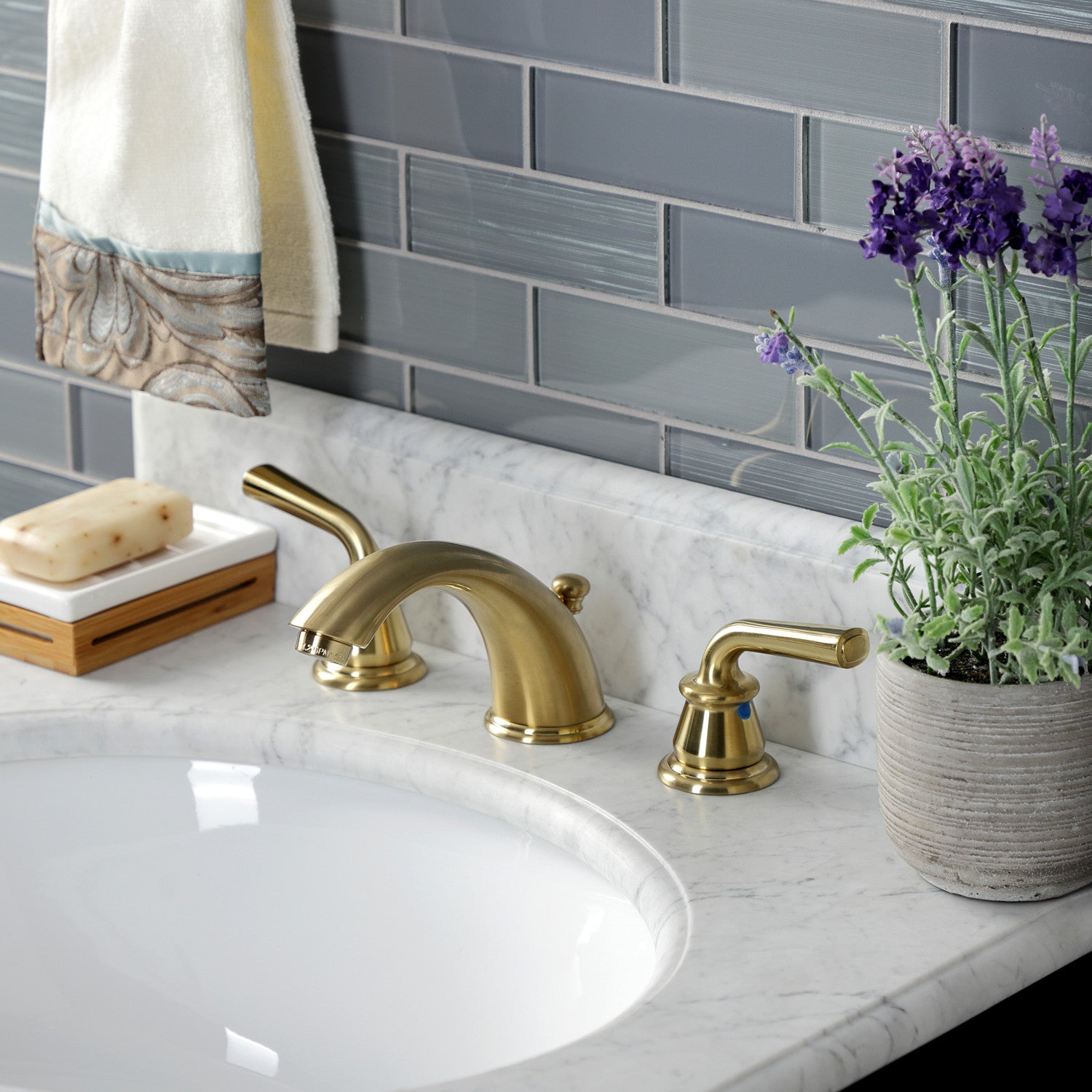 Kingston Tulare KB967RXLSB - Restoration Two-Handle 3-Hole Deck Mount Widespread Bathroom Faucet with Pop-Up Drain, Brushed Brass — thumbnail 2