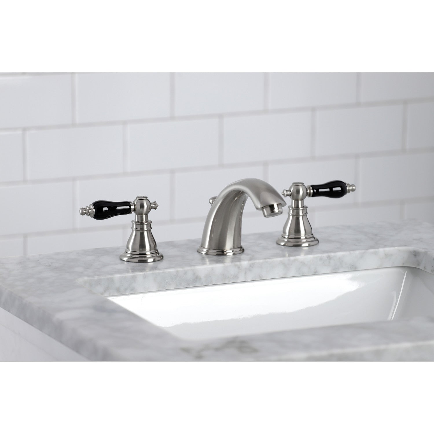 Kingston Heirloom KB968AKL - Duchess Two-Handle 3-Hole Deck Mount Widespread Bathroom Faucet with Pop-Up Drain, Brushed Nickel — thumbnail 2