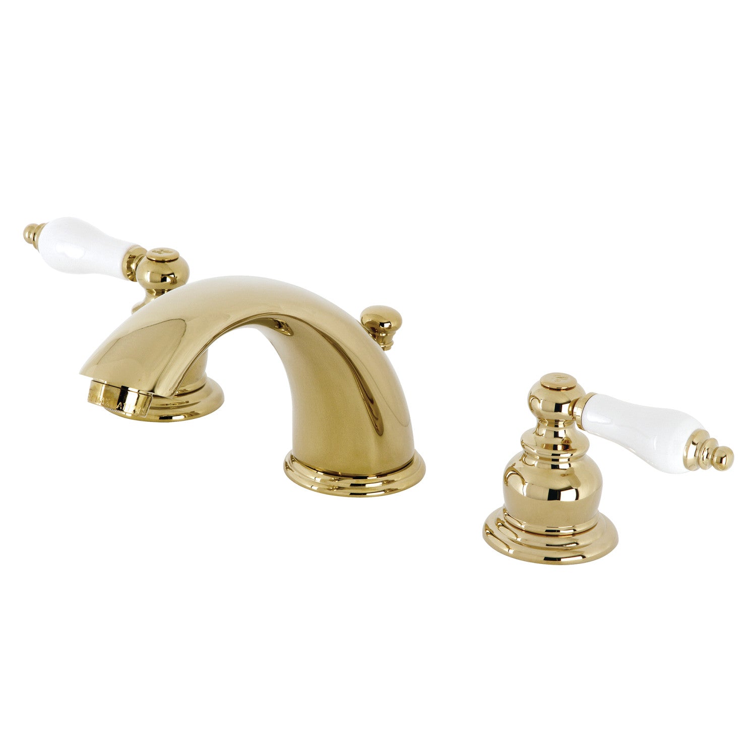 Kingston Heirloom KB972PLB - Victorian Two-Handle 3-Hole Deck Mount Widespread Bathroom Faucet with Brass Pop-Up, Polished Brass