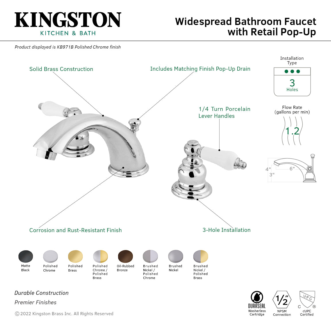 Kingston Heirloom KB975B - Victorian Two-Handle 3-Hole Deck Mount Widespread Bathroom Faucet with Pop-Up Drain, Oil Rubbed Bronze — thumbnail 2