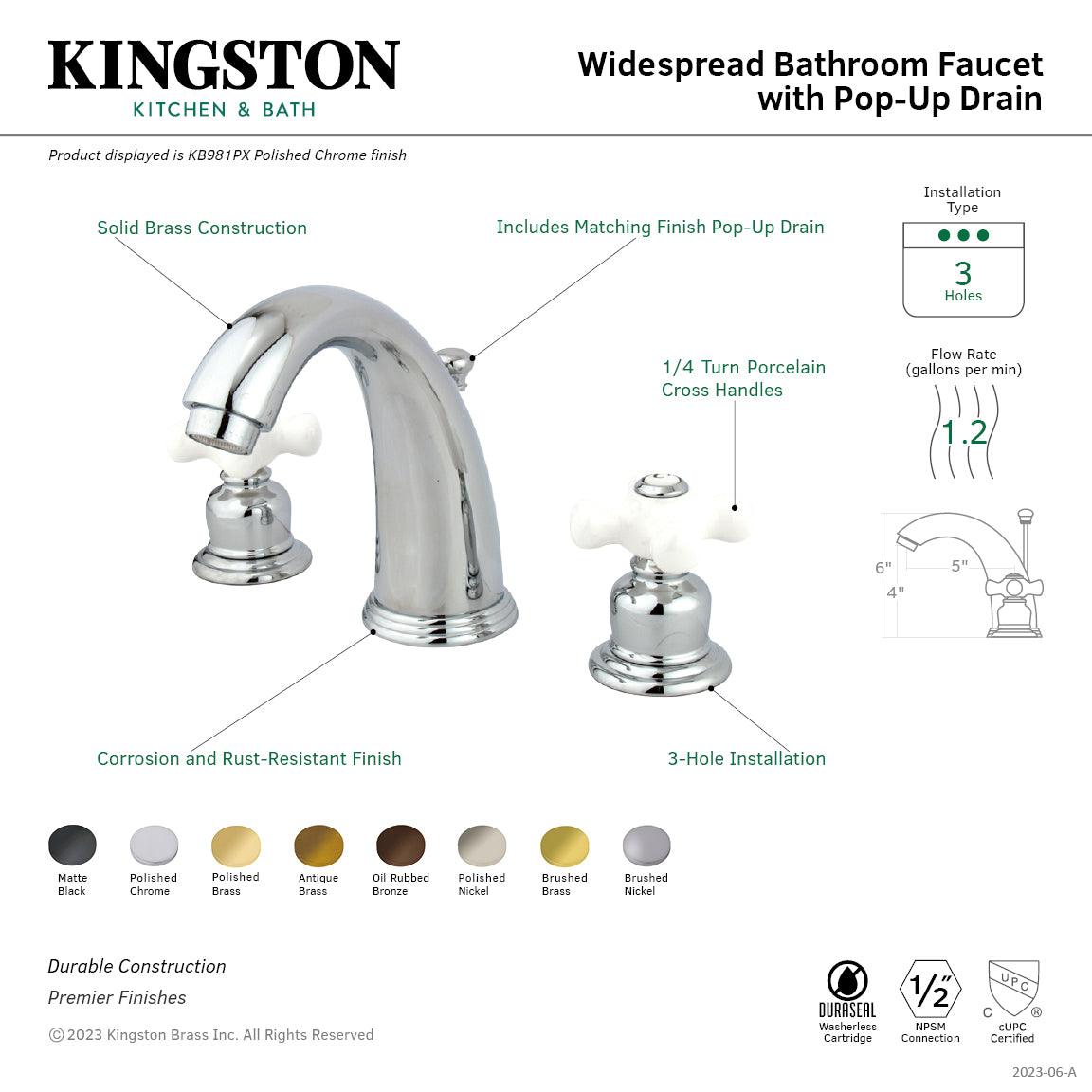Kingston Heirloom KB981PX - Victorian Two-Handle 3-Hole Deck Mount Widespread Bathroom Faucet with Pop-Up Drain, Polished Chrome — thumbnail 2
