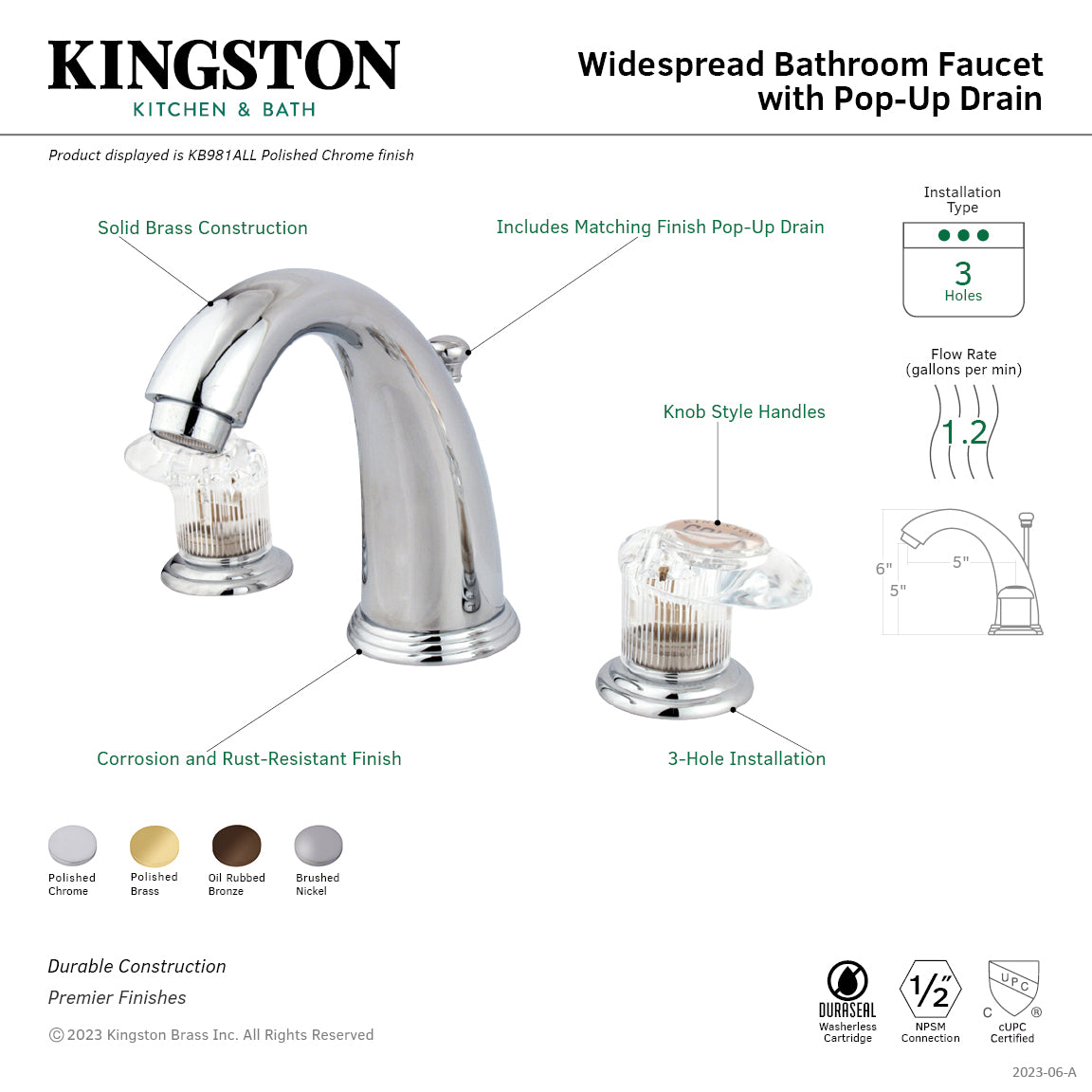 Kingston Tulare KB982ALL - Magellan Two-Handle 3-Hole Deck Mount Widespread Bathroom Faucet with Pop-Up Drain, Polished Brass — thumbnail 2