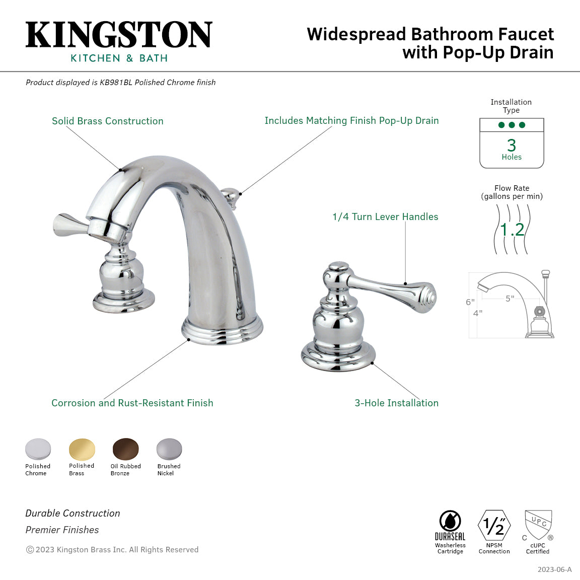 Kingston Heirloom KB982BL - Victorian Two-Handle 3-Hole Deck Mount Widespread Bathroom Faucet with Pop-Up Drain, Polished Brass — thumbnail 2