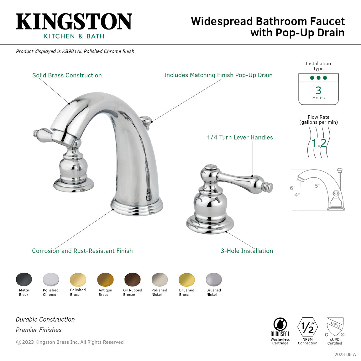 Kingston Heirloom KB988AL - Victorian Two-Handle 3-Hole Deck Mount Widespread Bathroom Faucet with Pop-Up Drain, Brushed Nickel — thumbnail 2