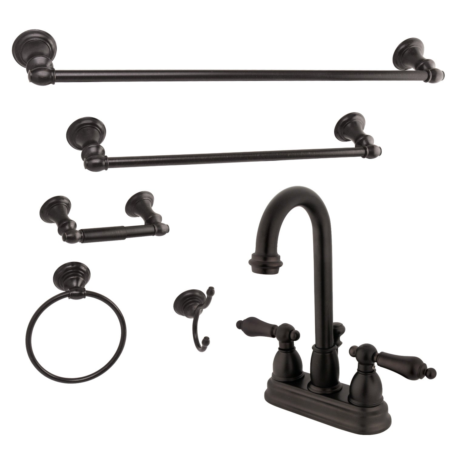 Kingston Heirloom KBK3615ALDouble-Handle 3-Hole Deck Mount 4-Inch Centerset Bathroom Faucet with 5-Piece Bathroom Accessories Kit, Oil Rubbed Bronze
