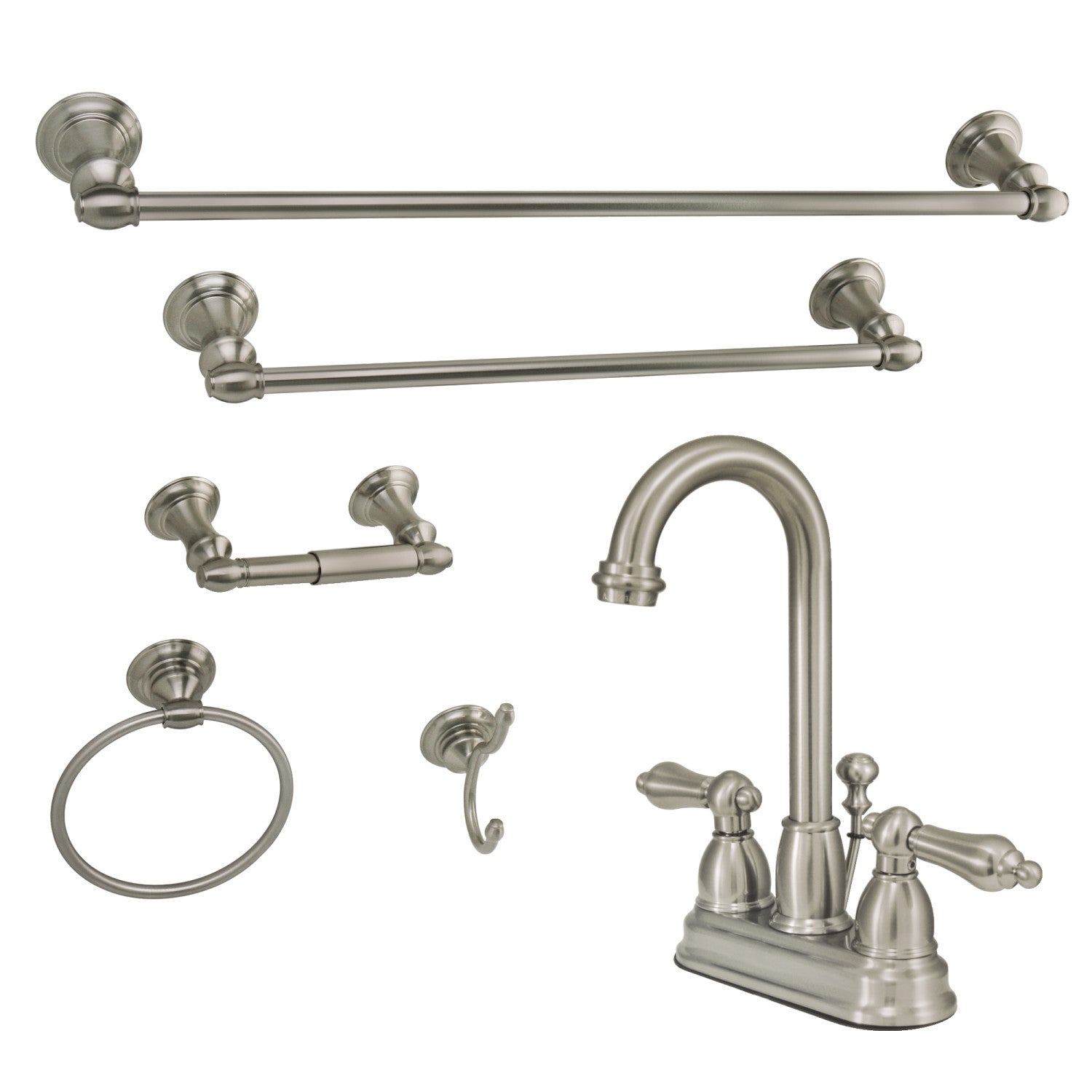 Kingston Heirloom KBK3618ALDouble-Handle 3-Hole Deck Mount 4-Inch Centerset Bathroom Faucet with 5-Piece Bathroom Accessories Kit, Brushed Nickel