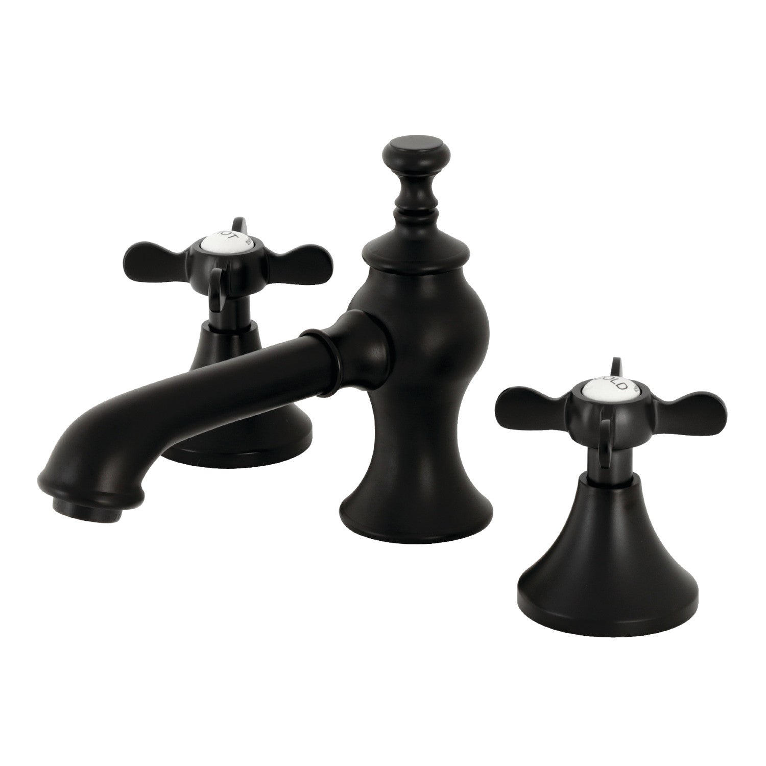 Kingston Tulare KC7060BEX - Essex Two-Handle 3-Hole Deck Mount Widespread Bathroom Faucet with Brass Pop-Up, Matte Black