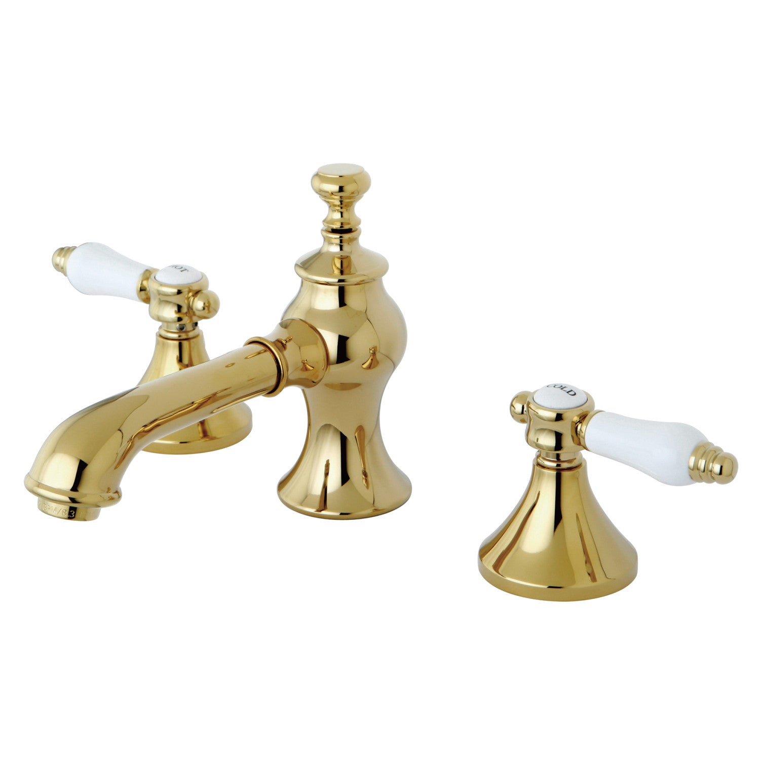 Kingston Tulare KC7062BPL - Bel-Air Two-Handle 3-Hole Deck Mount Widespread Bathroom Faucet with Brass Pop-Up, Polished Brass
