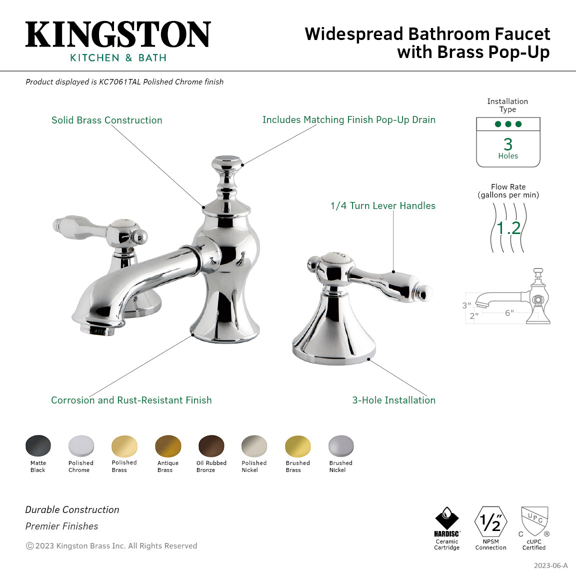 Kingston Tulare KC7065TAL - Tudor Two-Handle 3-Hole Deck Mount Widespread Bathroom Faucet with Brass Pop-Up, Oil Rubbed Bronze — thumbnail 2