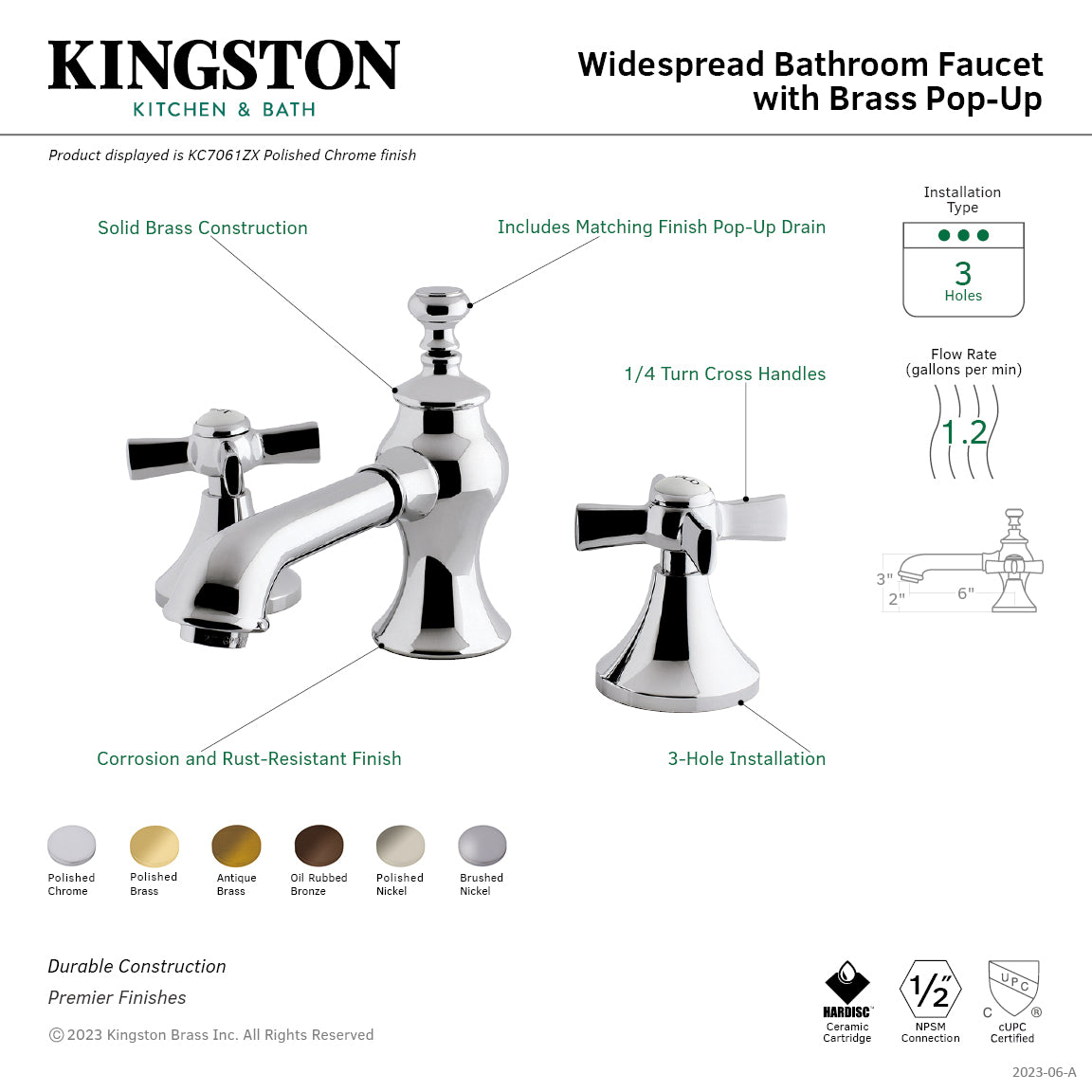 Kingston Tulare KC7065ZX - Millennium Two-Handle 3-Hole Deck Mount Widespread Bathroom Faucet with Brass Pop-Up, Oil Rubbed Bronze — thumbnail 3