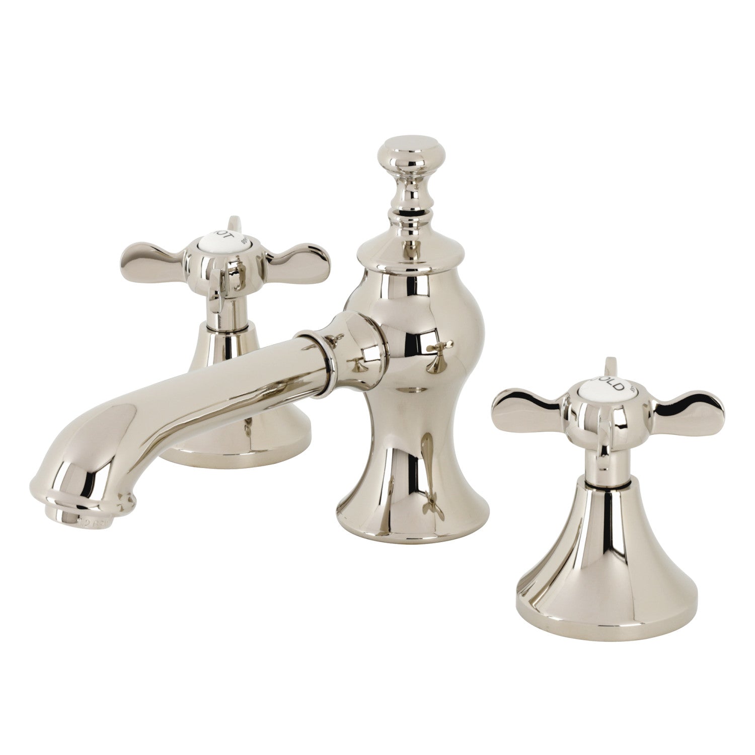 Kingston Tulare KC7066BEX - Essex Two-Handle 3-Hole Deck Mount Widespread Bathroom Faucet with Brass Pop-Up, Polished Nickel