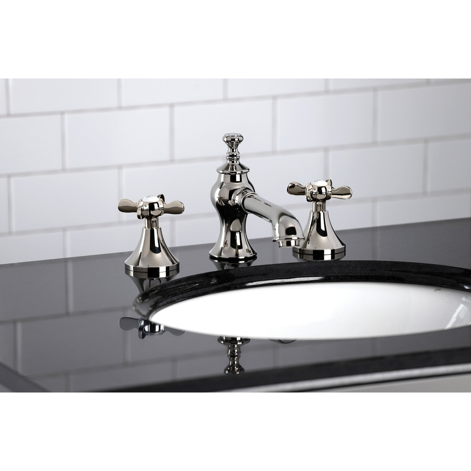 Kingston Tulare KC7066BEX - Essex Two-Handle 3-Hole Deck Mount Widespread Bathroom Faucet with Brass Pop-Up, Polished Nickel — thumbnail 2