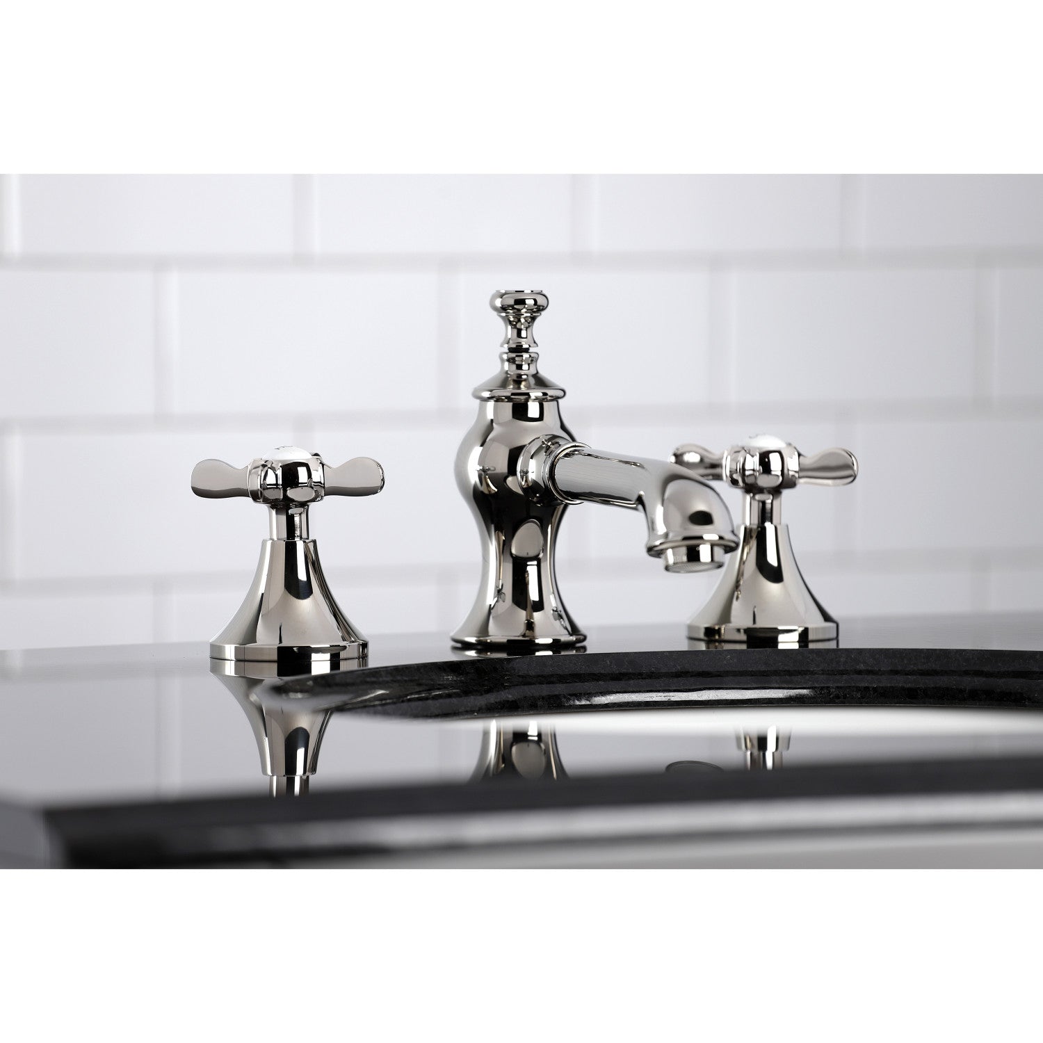 Kingston Tulare KC7066BEX - Essex Two-Handle 3-Hole Deck Mount Widespread Bathroom Faucet with Brass Pop-Up, Polished Nickel — thumbnail 3