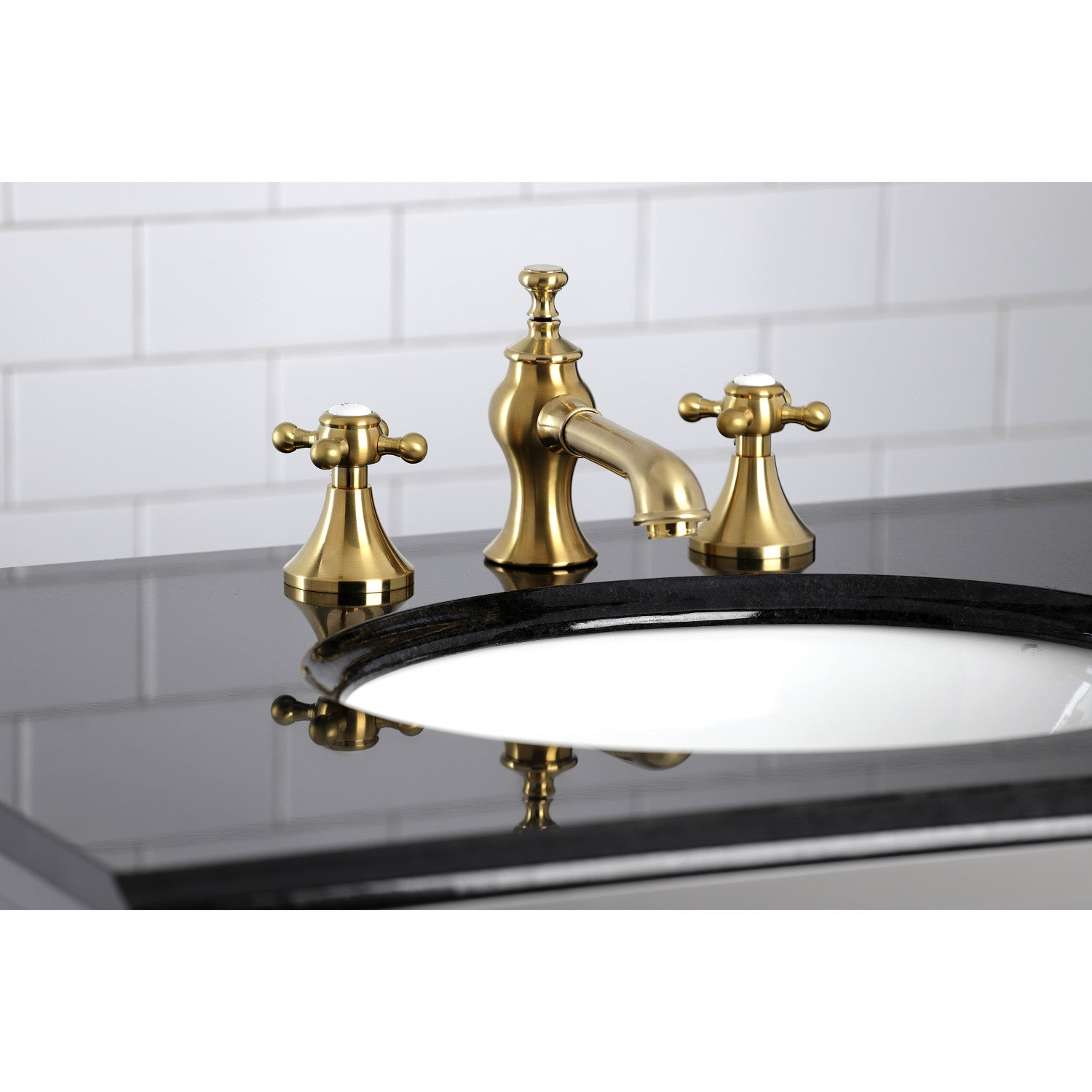 Kingston Tulare KC7067BX - English Country Two-Handle 3-Hole Deck Mount Widespread Bathroom Faucet with Brass Pop-Up, Brushed Brass — thumbnail 2