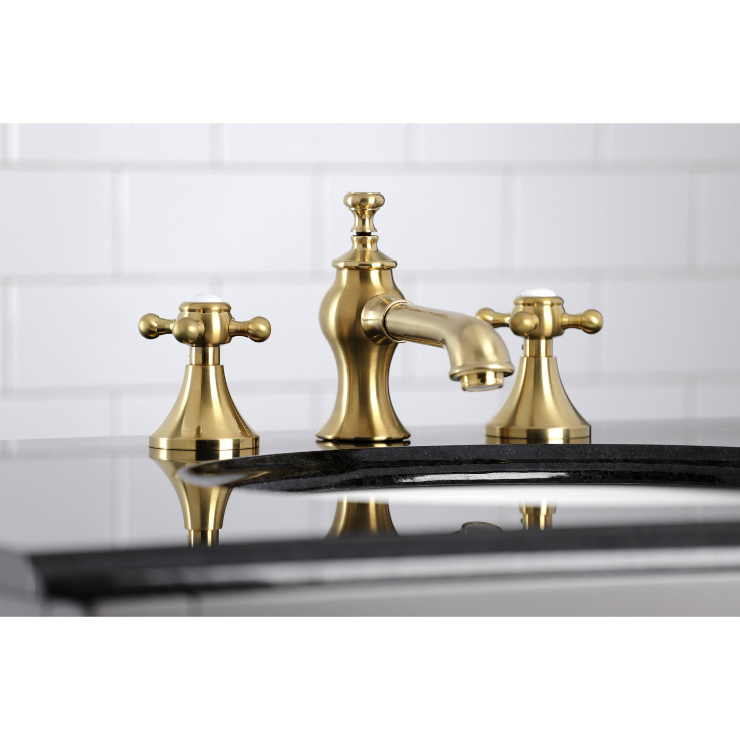 Kingston Tulare KC7067BX - English Country Two-Handle 3-Hole Deck Mount Widespread Bathroom Faucet with Brass Pop-Up, Brushed Brass — thumbnail 3