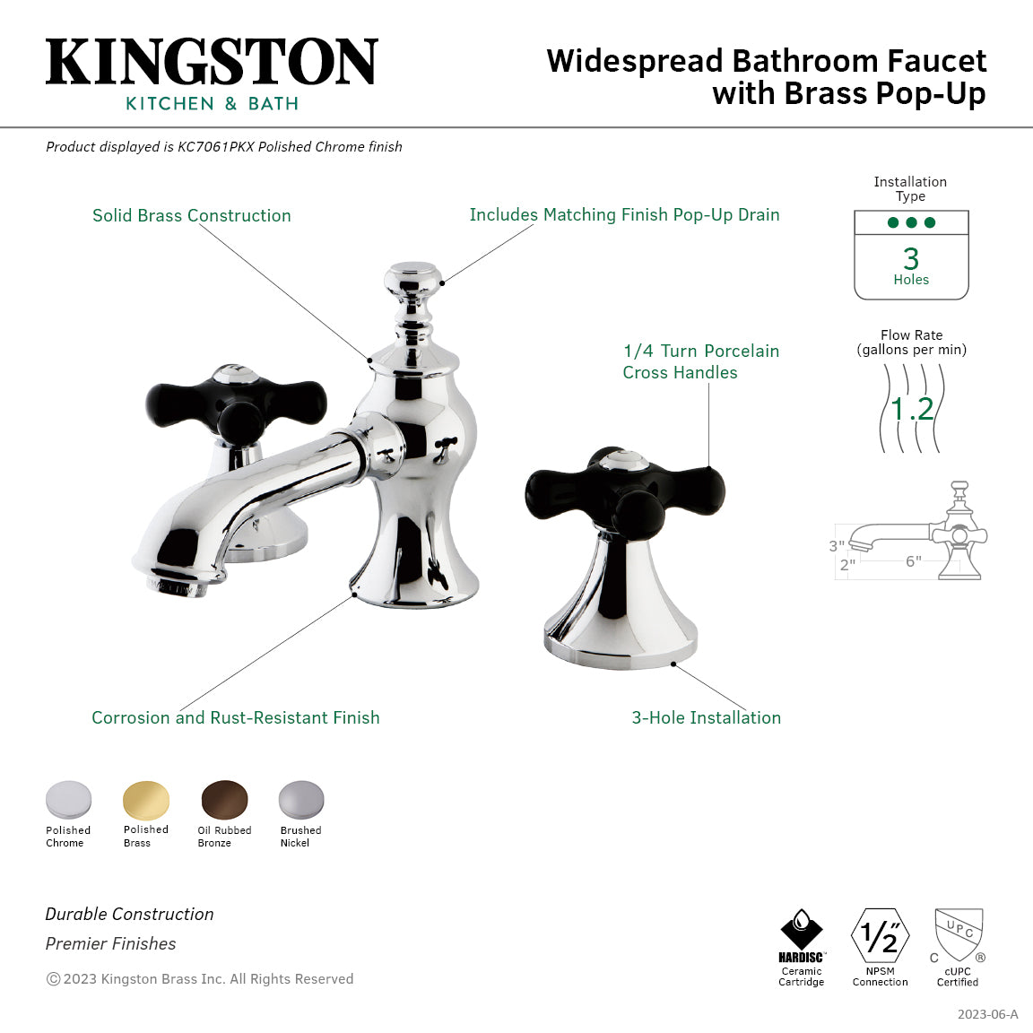 Kingston Tulare KC7068PKX - Duchess Two-Handle 3-Hole Deck Mount Widespread Bathroom Faucet with Brass Pop-Up, Brushed Nickel — thumbnail 2