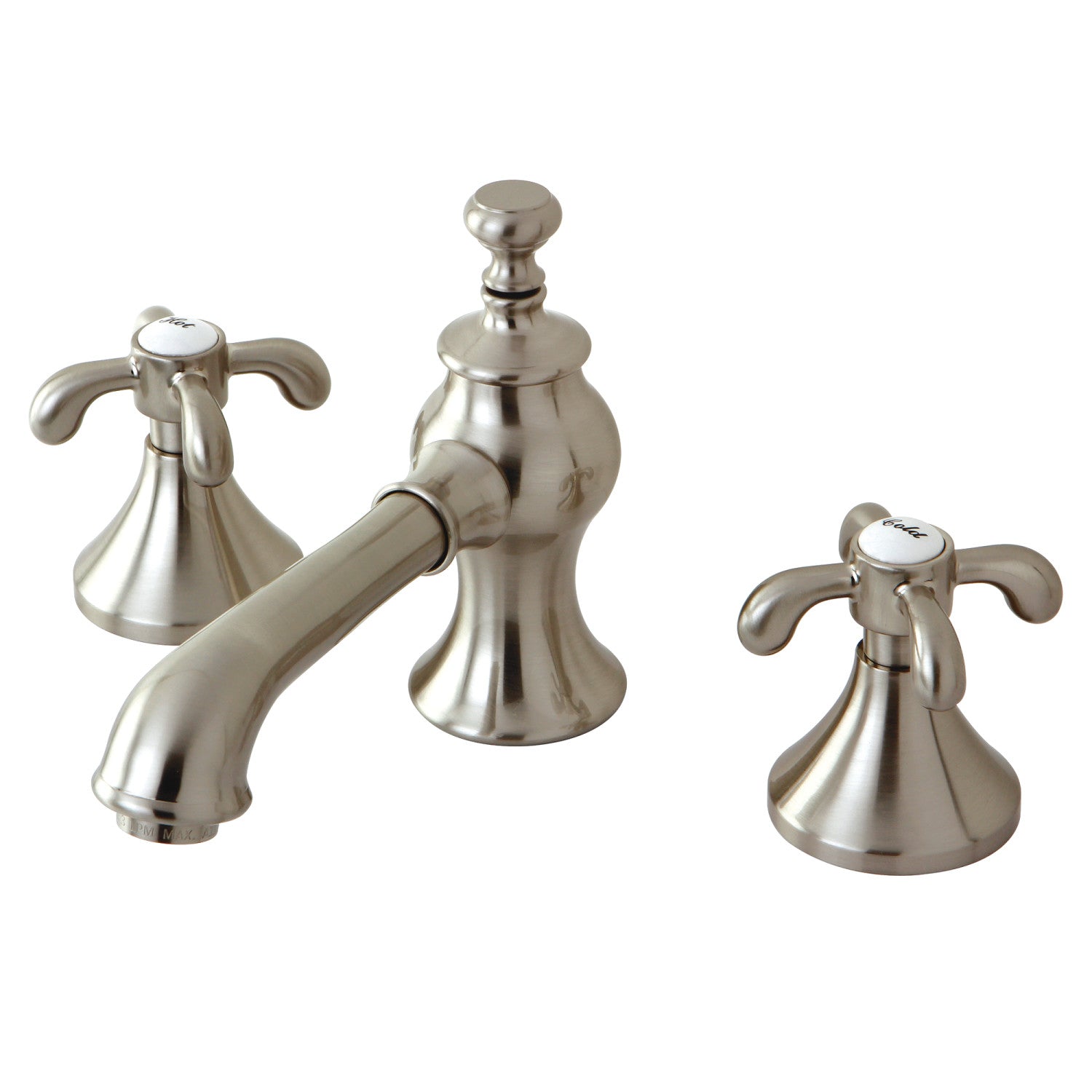 Kingston Tulare KC7068TX - French Country Two-Handle 3-Hole Deck Mount Widespread Bathroom Faucet with Brass Pop-Up, Brushed Nickel